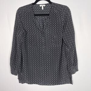 Joie Small S Black Blue Nepal Medallion Tile Printed Silk Blouse 3/4 Sleeves